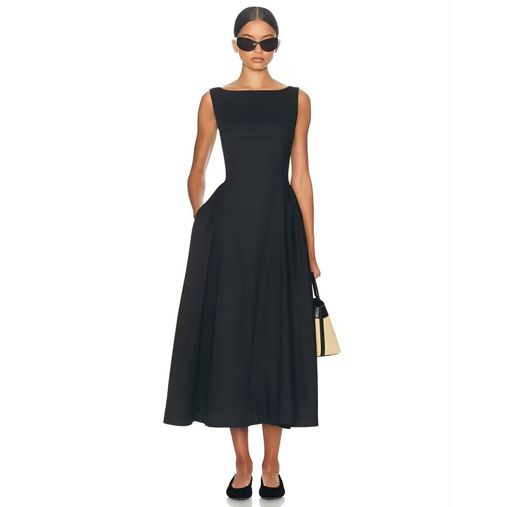 Helsa Black Stretch Cotton Satin Midi Dress Size L